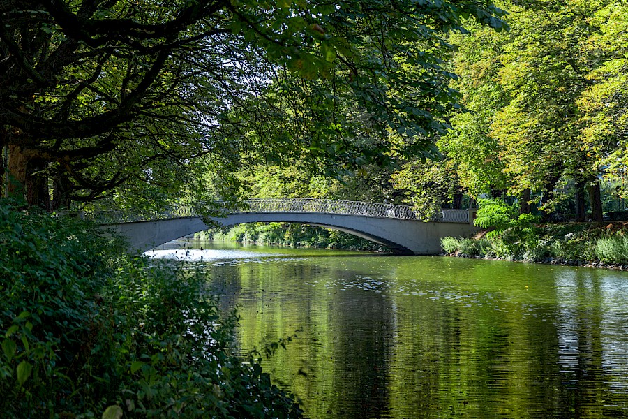 Die elegante Bogenbrücke an der Richard-Strauß-Straße | Die Kölner Parkweiher – Das Wasser führt den Blick