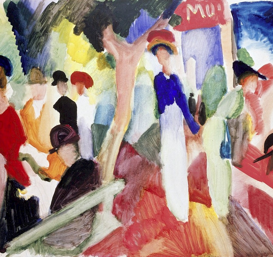 Gemälde von August Macke zeigt Frauen und Männer mit Hüten vor einem Geschäft