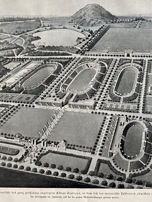 Eine Zeichnung des Sportparks Müngersdorf illustiert die geplanten Sportarenen mit der Radrennbahn vorne rechts, den drei Kampfbahnen in der Bildmitte und der Jahnwiese mit dem Adenauer Weiher im Hintergrund. (Festzeitung 14. Deutsches Turnfest Köln 1928. Nummer 11, S.253. Dresden 1928)